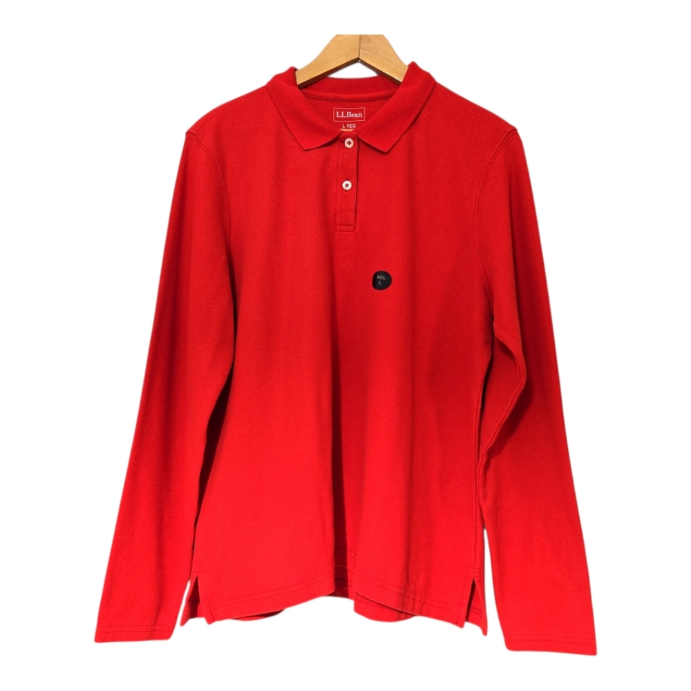 L.L. Bean Women's Permium Double L Red Polo  Long Sleeve Cotton Shirt Large